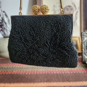 Vintage 50s-60s Black Floral Beaded Mini Gold Tone Ware Clutch Bag